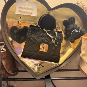 Aldo Black Mini Bag with Faux Fur and Gold Accents